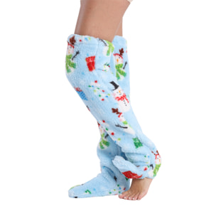 Calcetines largos de felpa extrasuave. 75 cm de longitud. Diseño navideño azul.