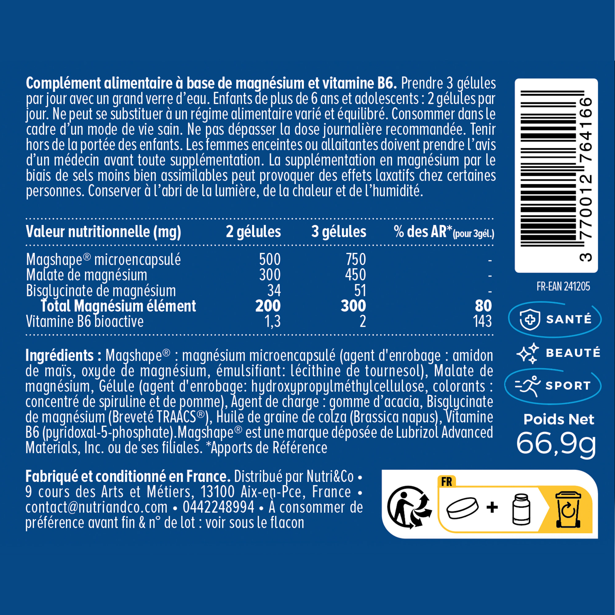 Nutri&Co Magnésium Bisglycinate + Vitamine B6 Stress & Tonus - 120 gélules Vegan
