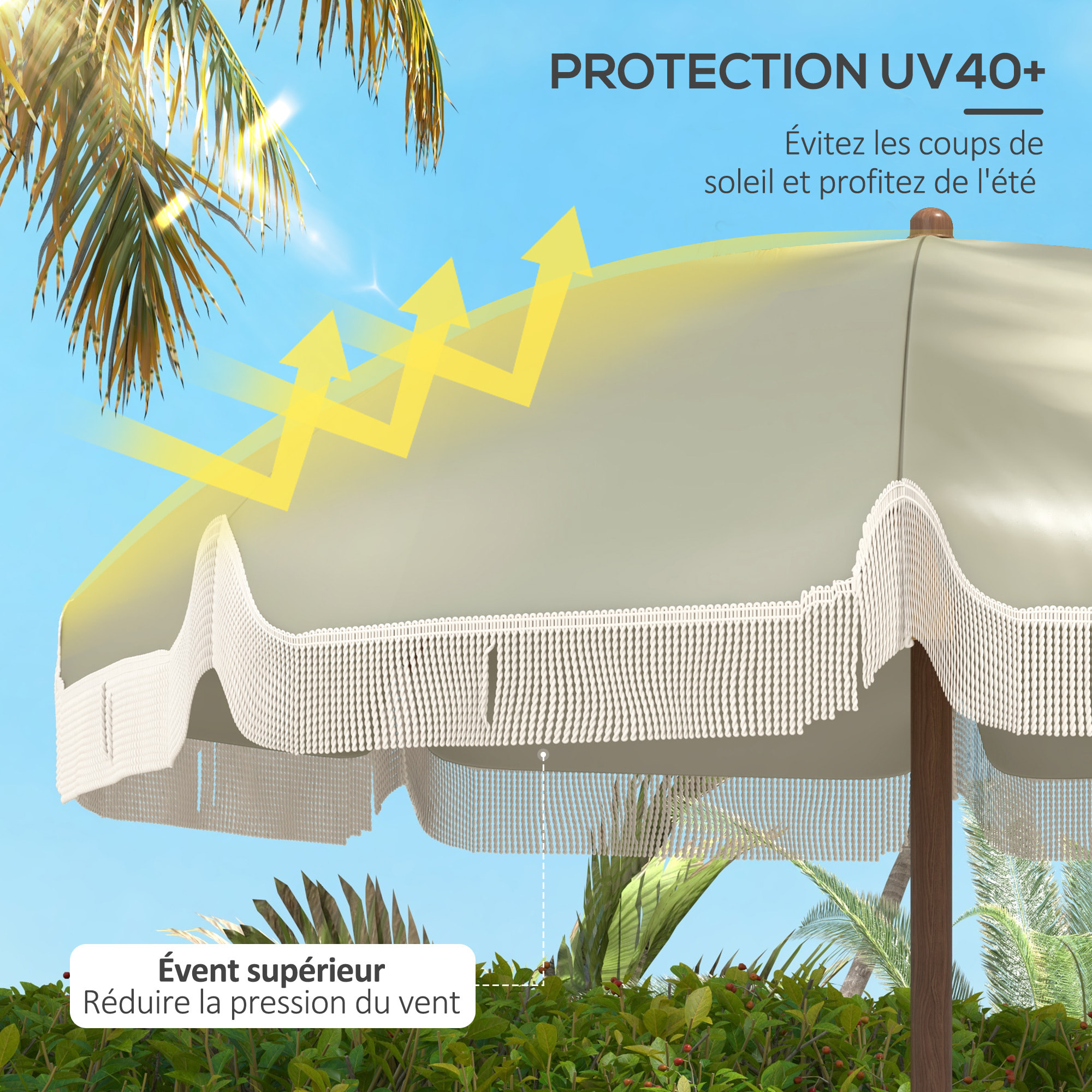 Parasol droit de plage jardin style bohème à franges UV40+ vert