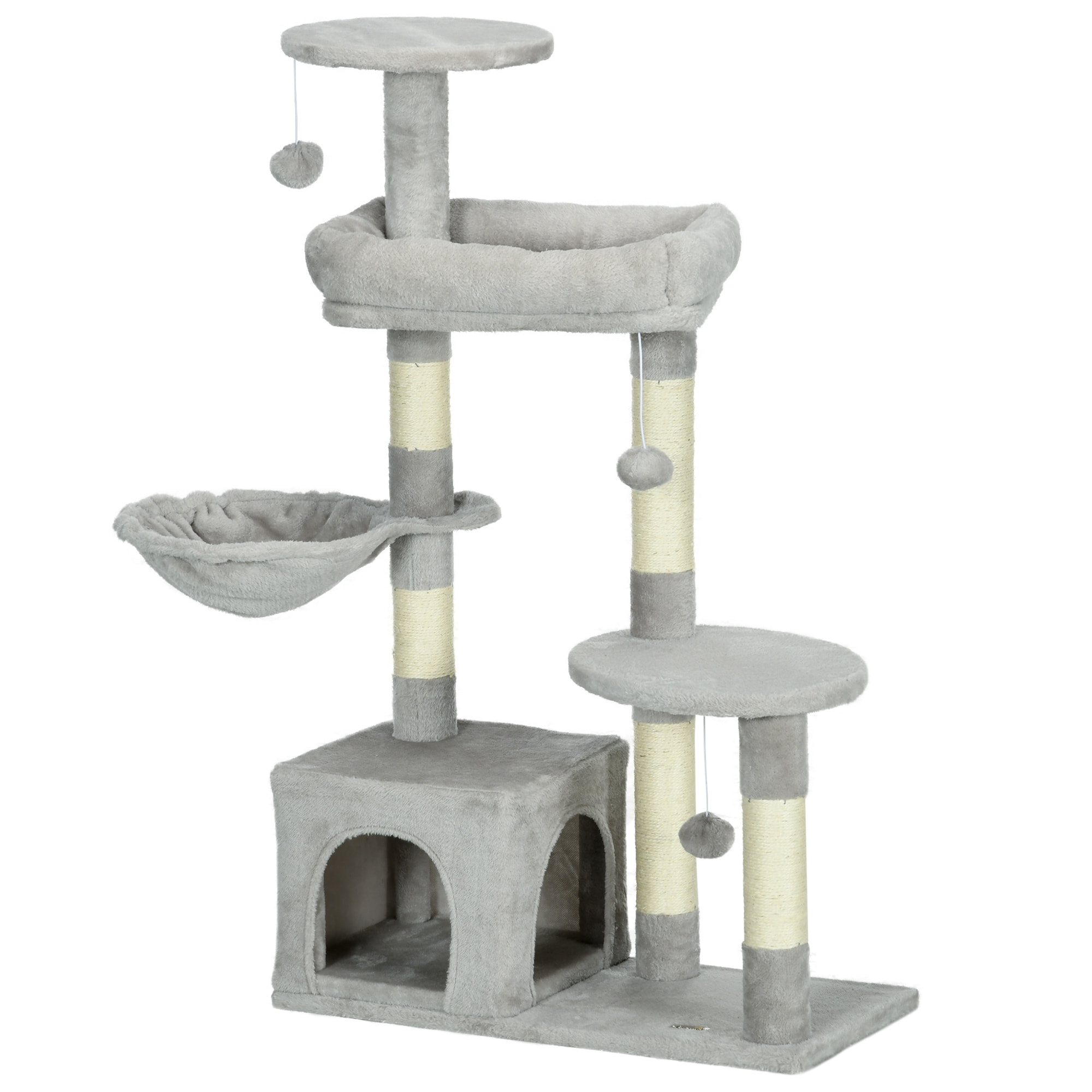 Arbre à chat griffoirs sisal naturel niche plateformes panier hamac jeux boules suspendues peluche gris