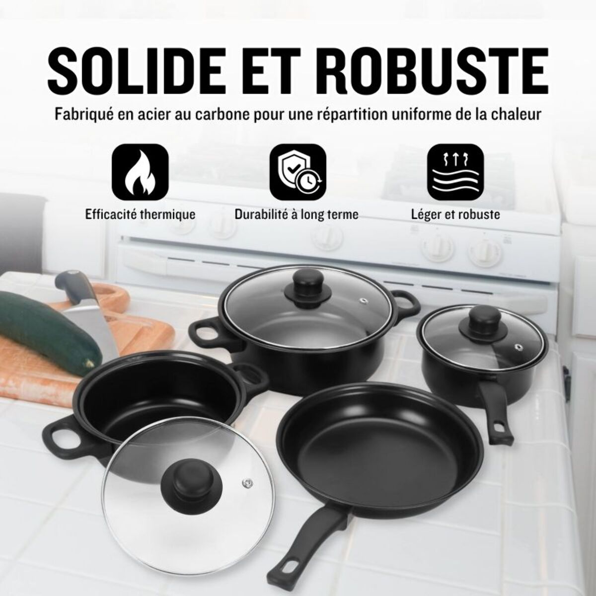 Batterie de cuisine 13 pieces avec cuilliere Noir Herzberg HG04241