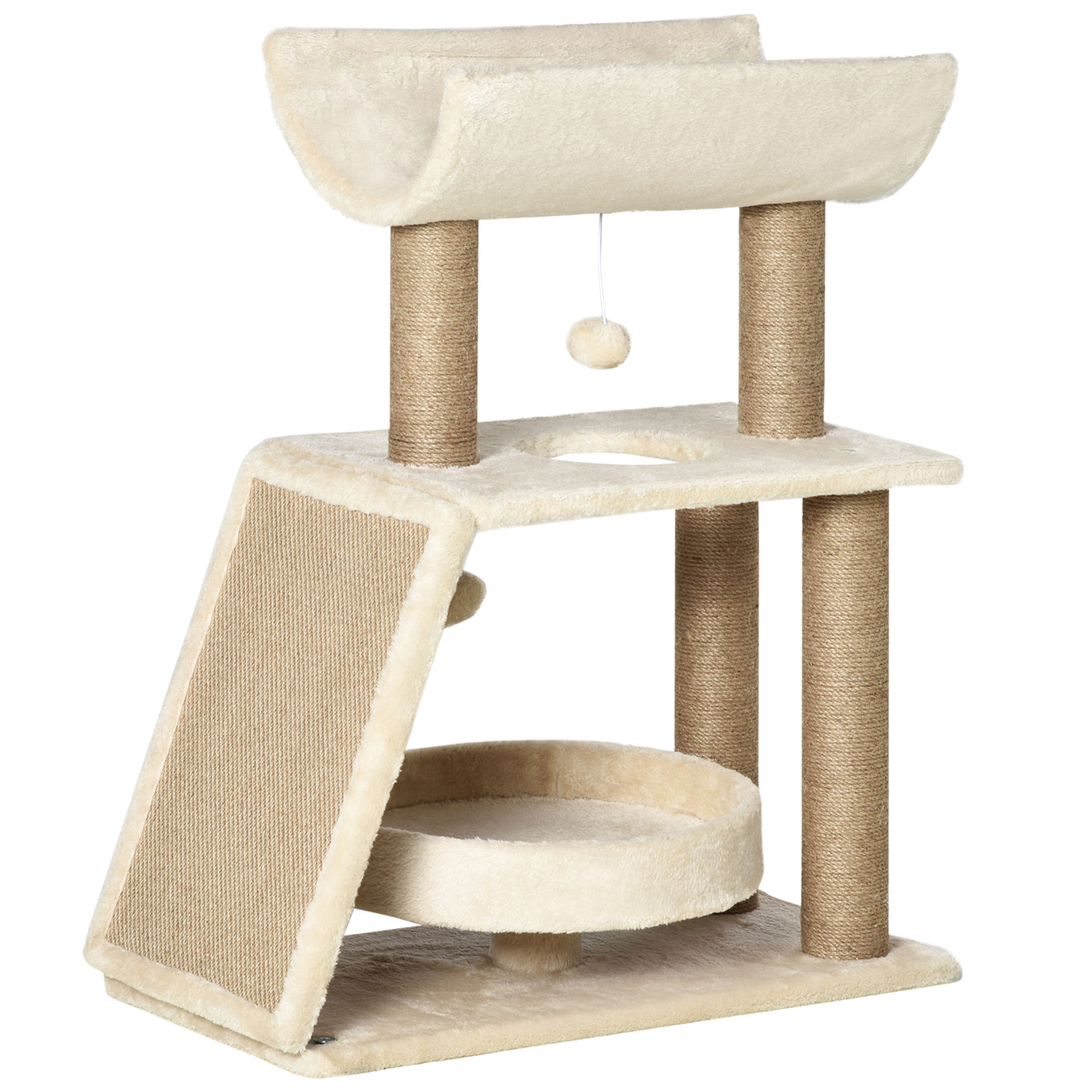Arbre à chat griffoirs grattoir jeu boules suspendues plateformes ronde, rectangulaire et demi-cylindrique peluche jute naturelle beige