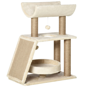 Arbre à chat griffoirs grattoir jeu boules suspendues plateformes ronde, rectangulaire et demi-cylindrique peluche jute naturelle beige