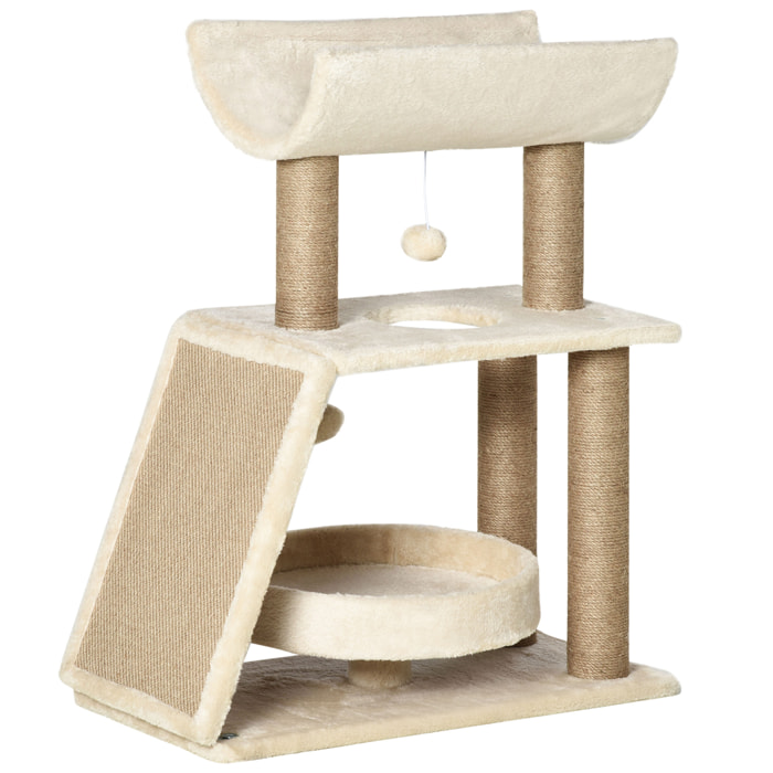 Arbre à chat griffoirs grattoir jeu boules suspendues plateformes ronde, rectangulaire et demi-cylindrique peluche jute naturelle beige