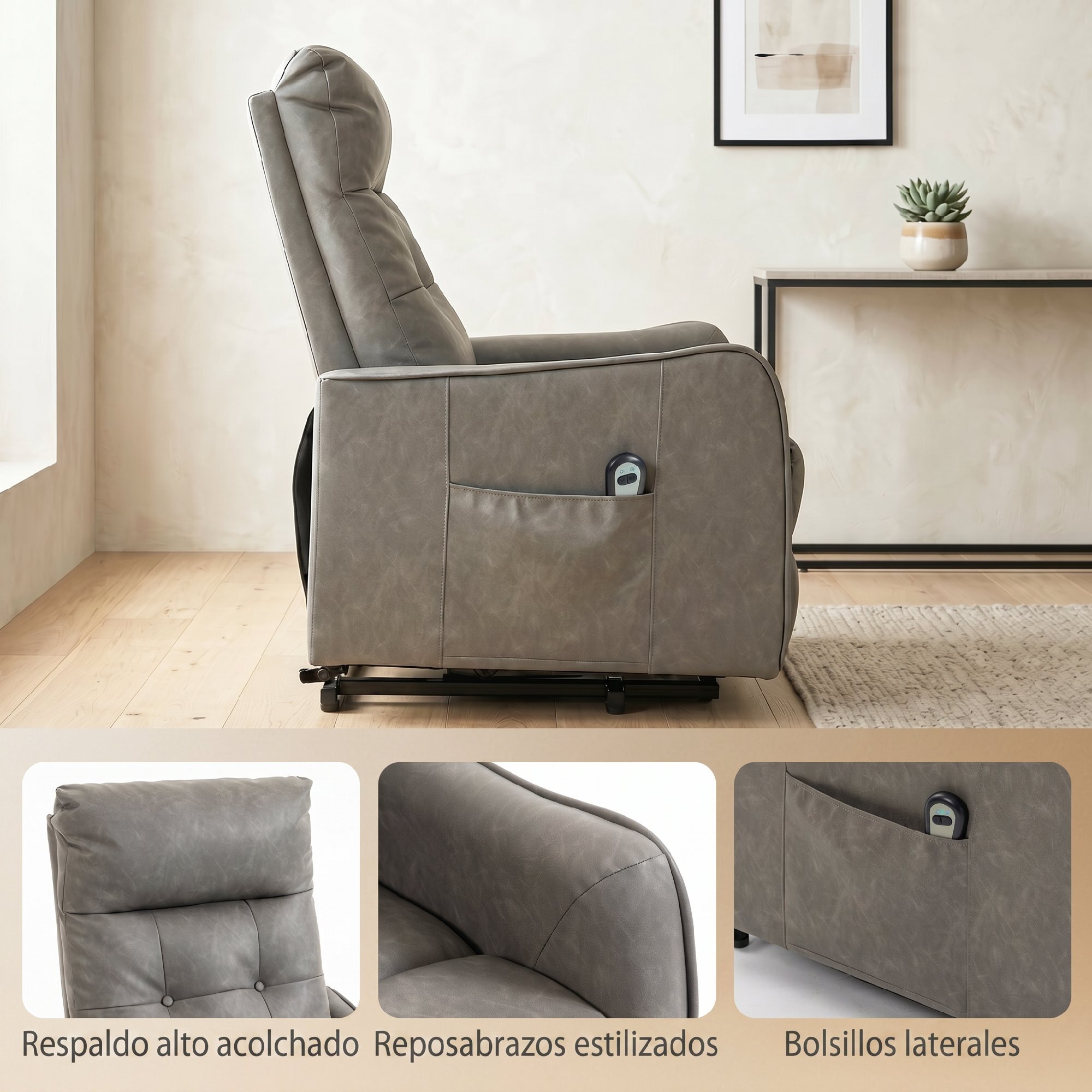 HOMCOM Sillón Relax Reclinable Eléctrico Levanta Personas, Tapizado en Cuero PU, Sillón Elevador con Control Remoto, Asiento de Muelles, Reposapiés, Respaldo Alto, Bolsillos Laterales, Gris Oscuro