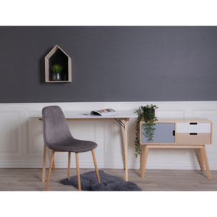 Scrivania Vojens bianca con gambe in legno naturale, 120×60×75 cm