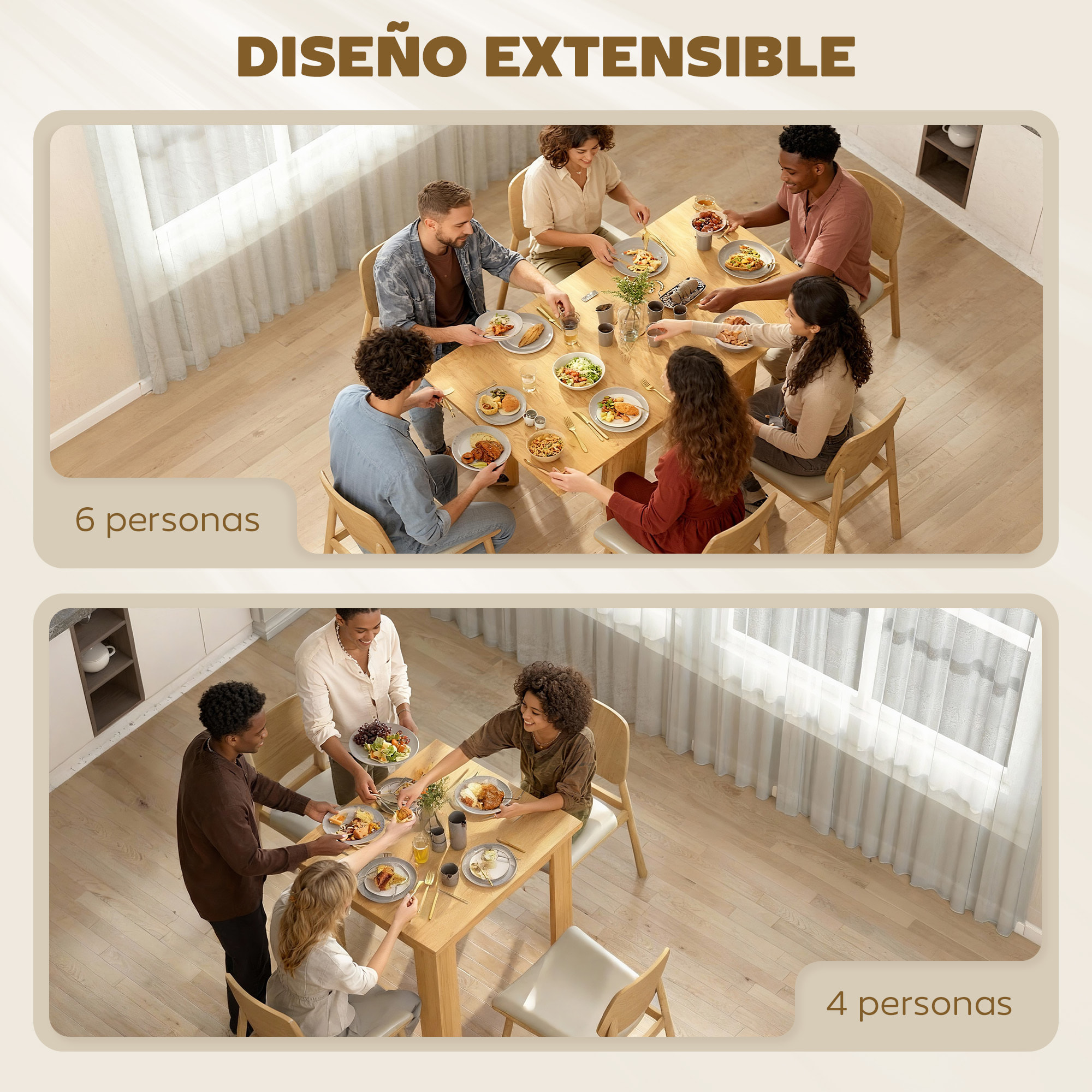 Mesa de Comedor Extensible, 70-140x80 cm, Mesa de Cocina Extensible, para 4-6 Personas, con Almohadillas de Fieltro, para Espacios Pequeños, Salón, Madera Natural