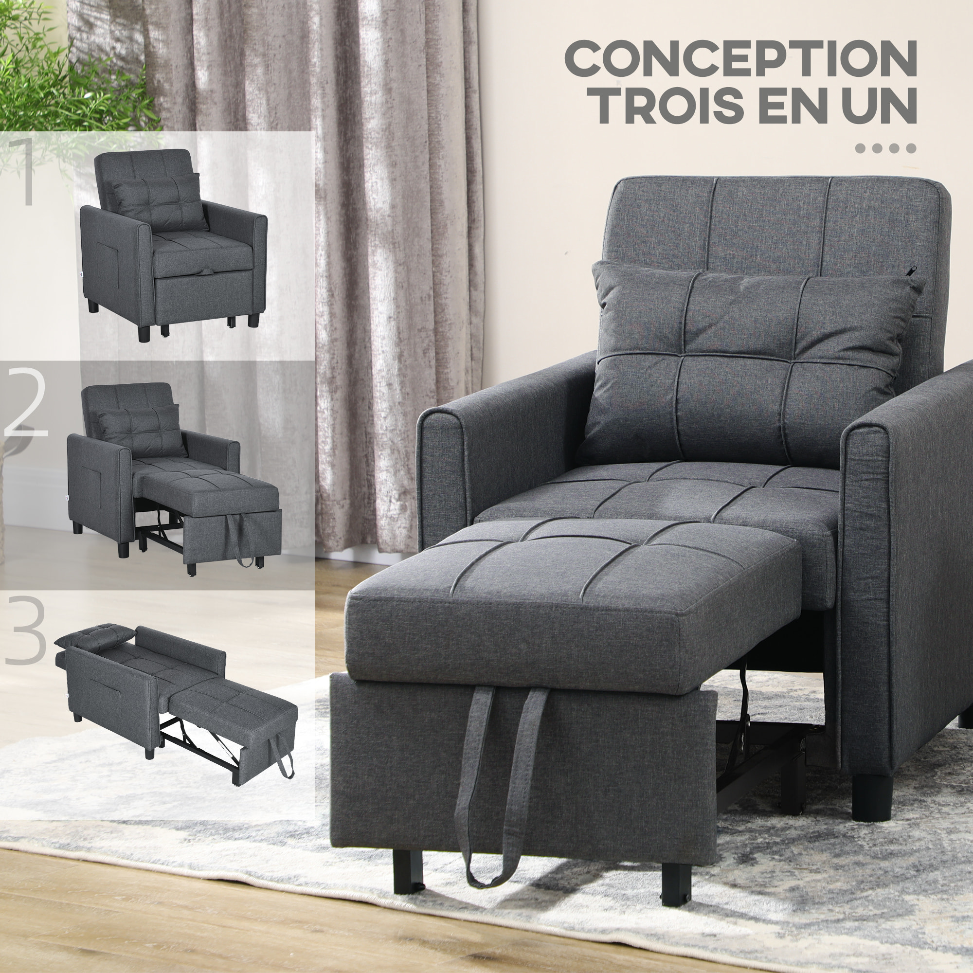 Fauteuil convertible 3 en 1 chaise longue lit dossier inclinable 3 positions coussin gris