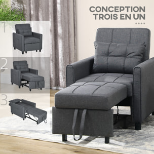 Fauteuil convertible 3 en 1 chaise longue lit dossier inclinable 3 positions coussin gris
