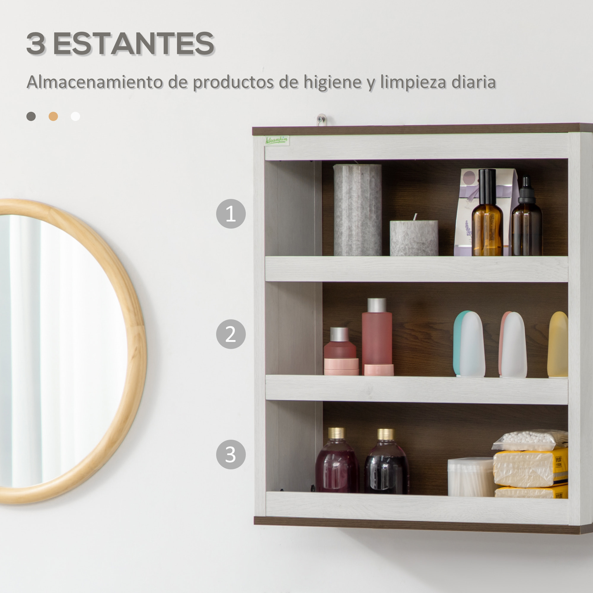 kleankin Armario de Baño de Pared Moderno Mueble Colgante de Baño con 3 Estantes de Almacenaje para Cocina Dormitorio Aseo 50x20x56 cm Blanco y Nogal