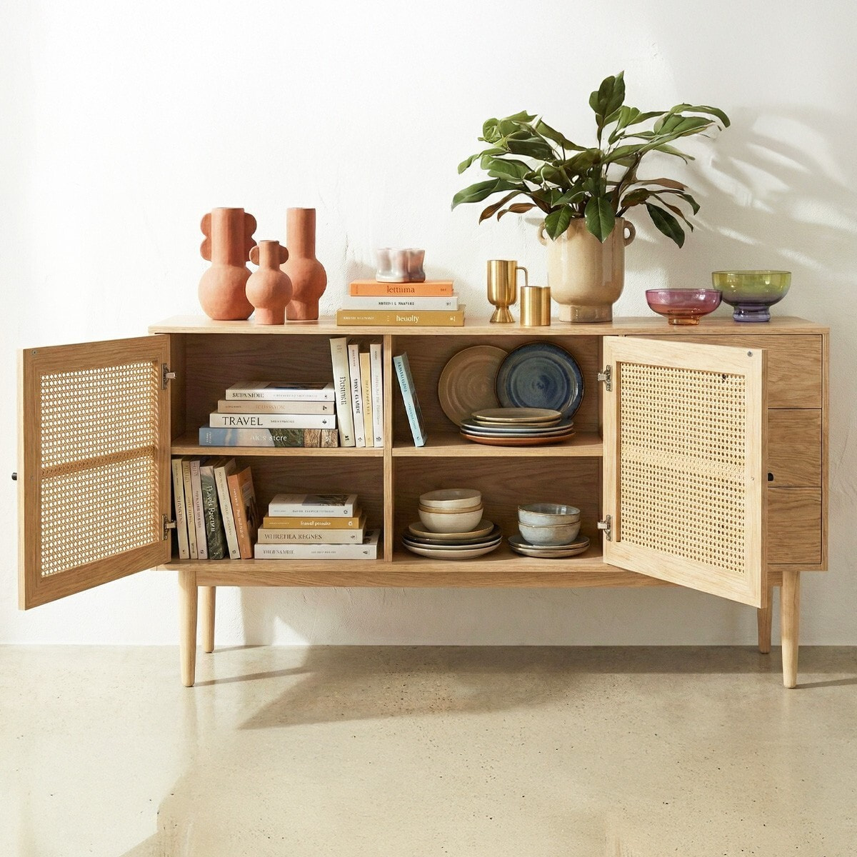 Buffet 2 portes 3 tiroirs en cannage et bois - EDEN