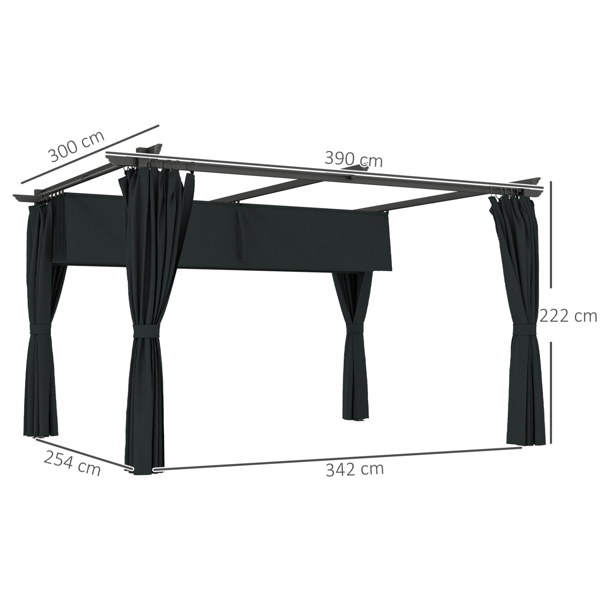 Pergola 3 x 4 m toile toit rétractable 4 rideaux ajustables métal noir polyester haute densité 180g/m² anthracite
