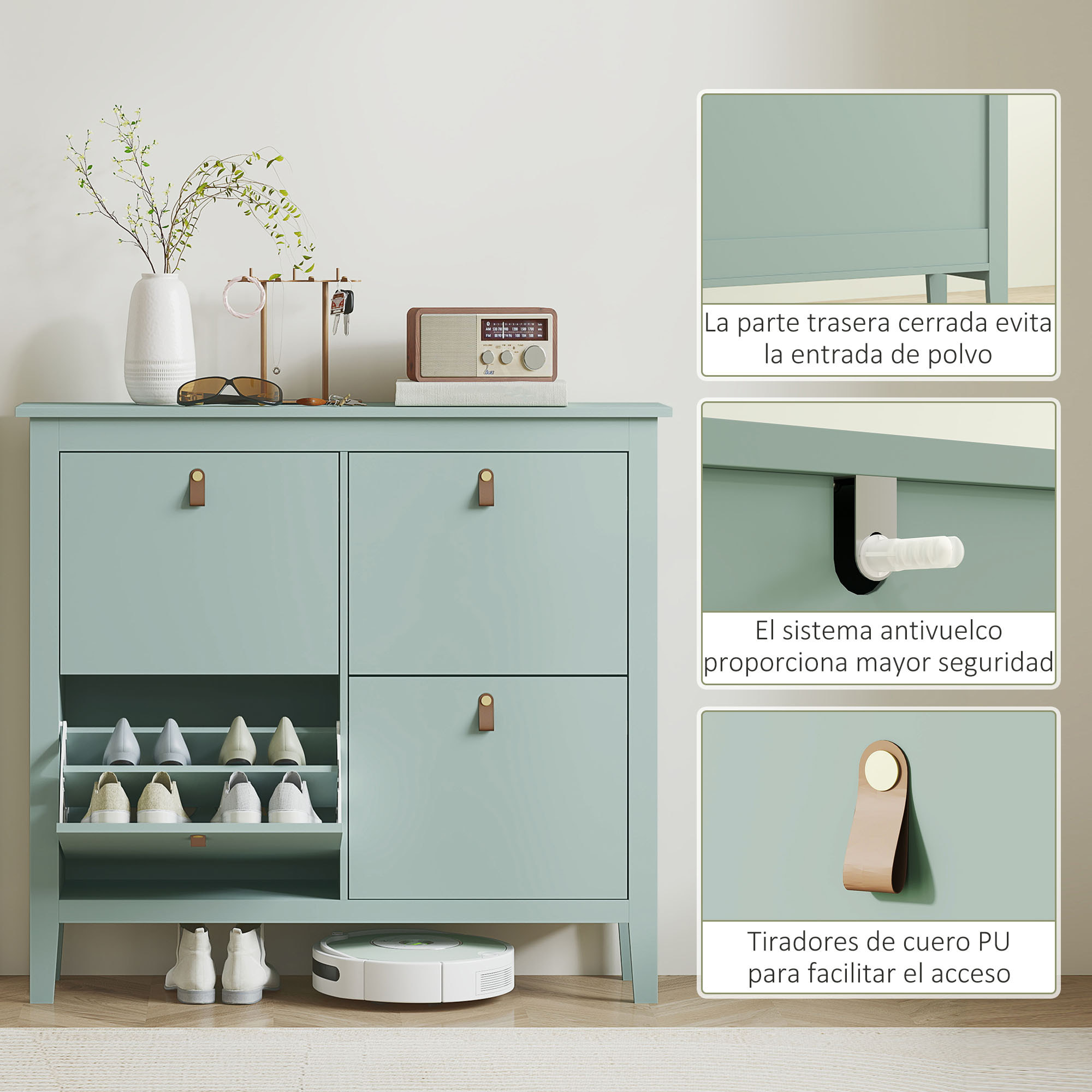 Zapatero Estrecho 4 Puertas, Zapatero Entrada Recibidor, Estantes Ajustables, Tiradores de PU, para 20 Pares de Zapatos, para Pasillo, Espacios Reducidos, 105x24x95,5 cm, Verde Claro