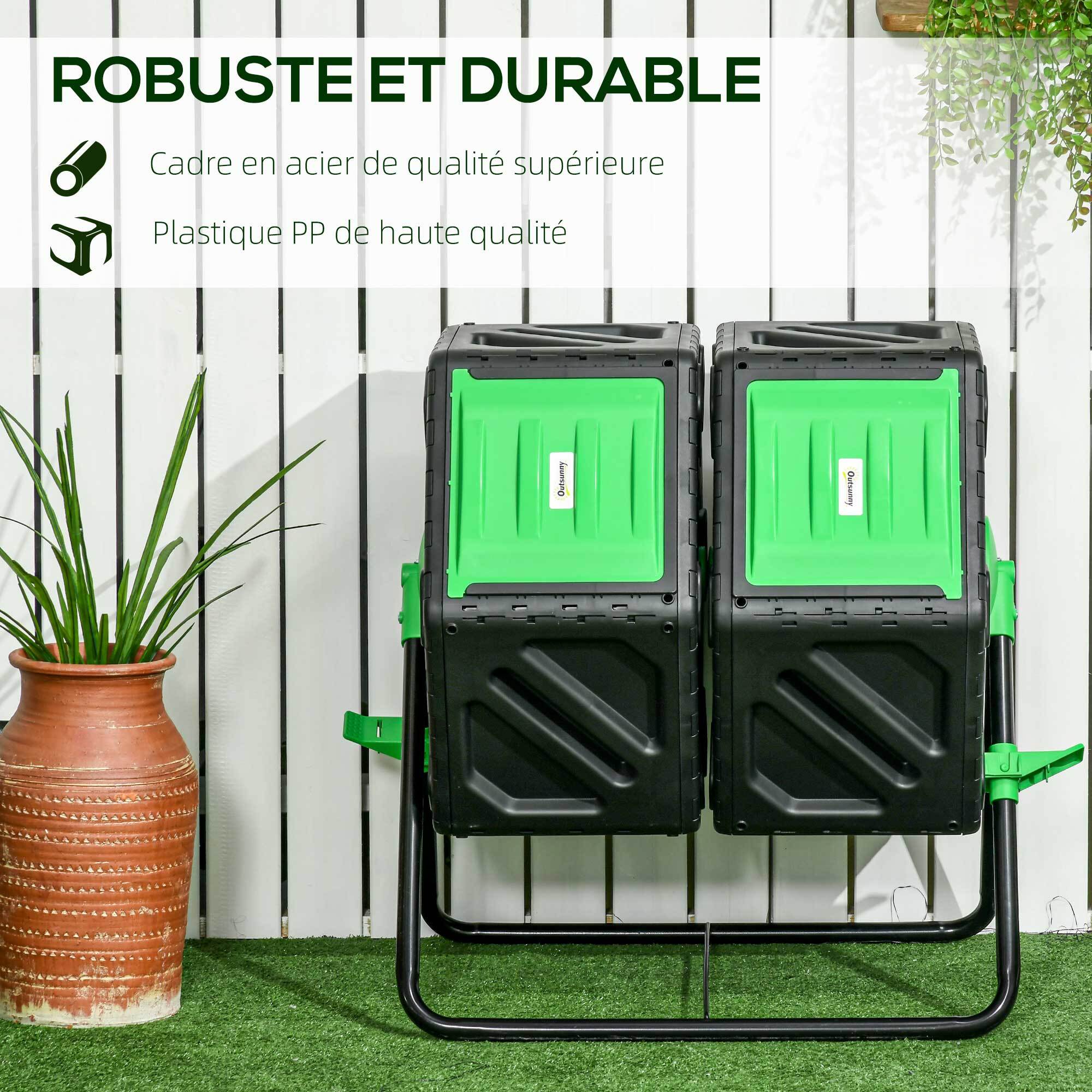 Composteur de jardin - bac à compost pour déchets - rotatif 360° - double chambre 130 L - acier PP vert noir