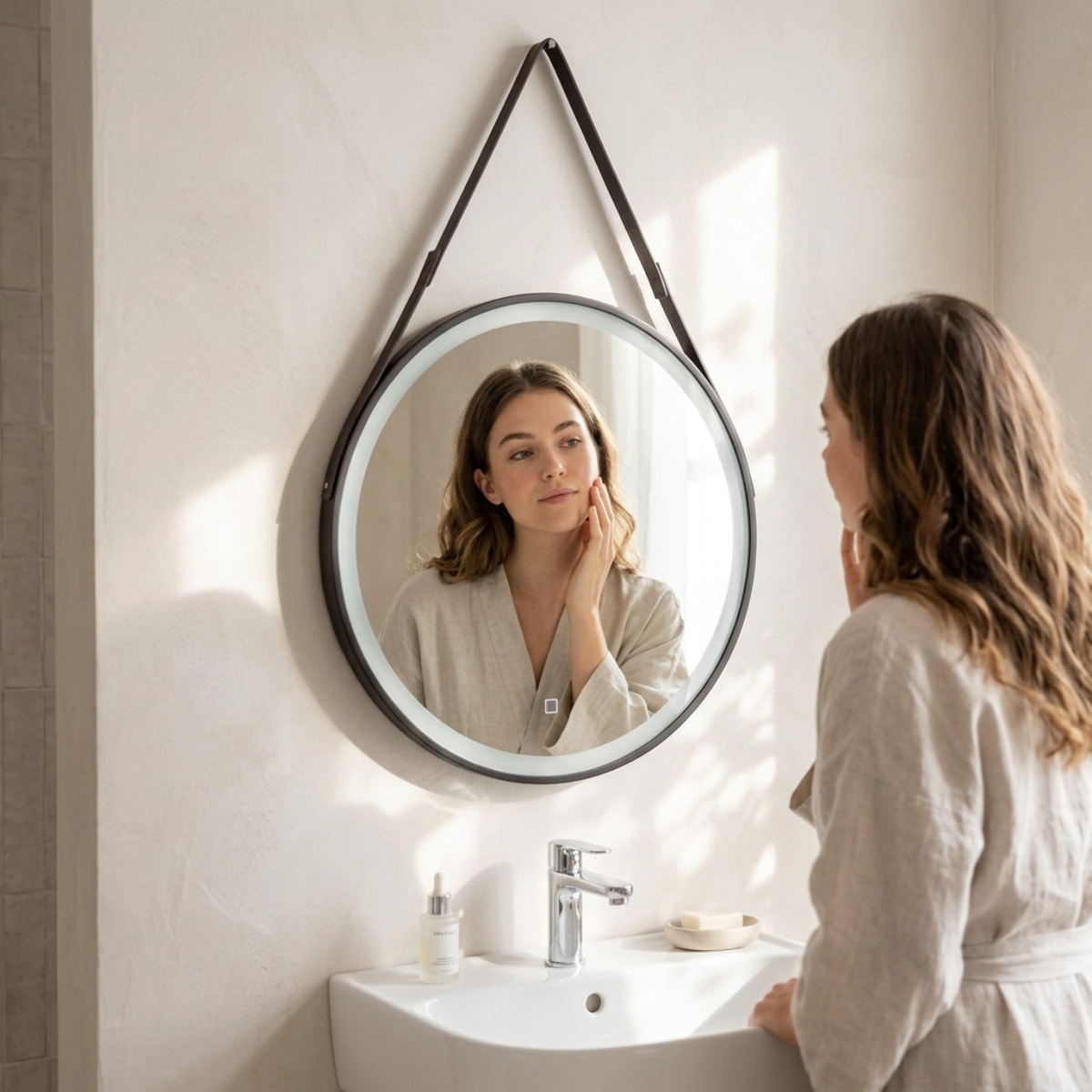 Miroir de salle de bain rond LED 60 cm avec capteur tactile et cadre en métal noir SAT (SATZREMLED60CE)
