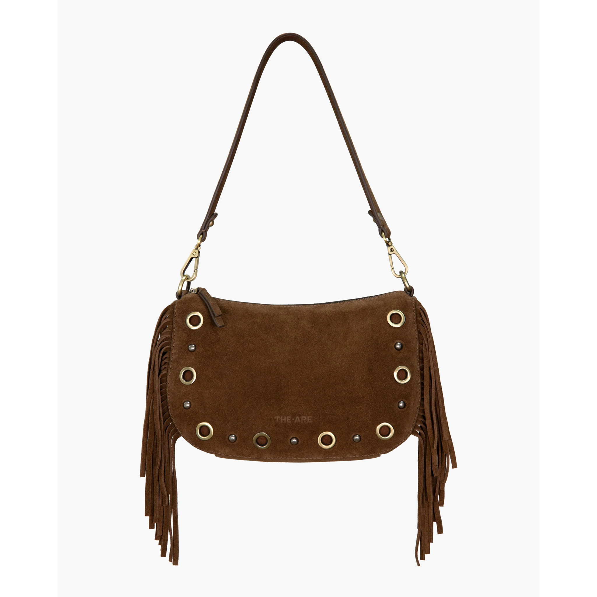 Bolso de ante marrón con flecos y tachuelas doradas