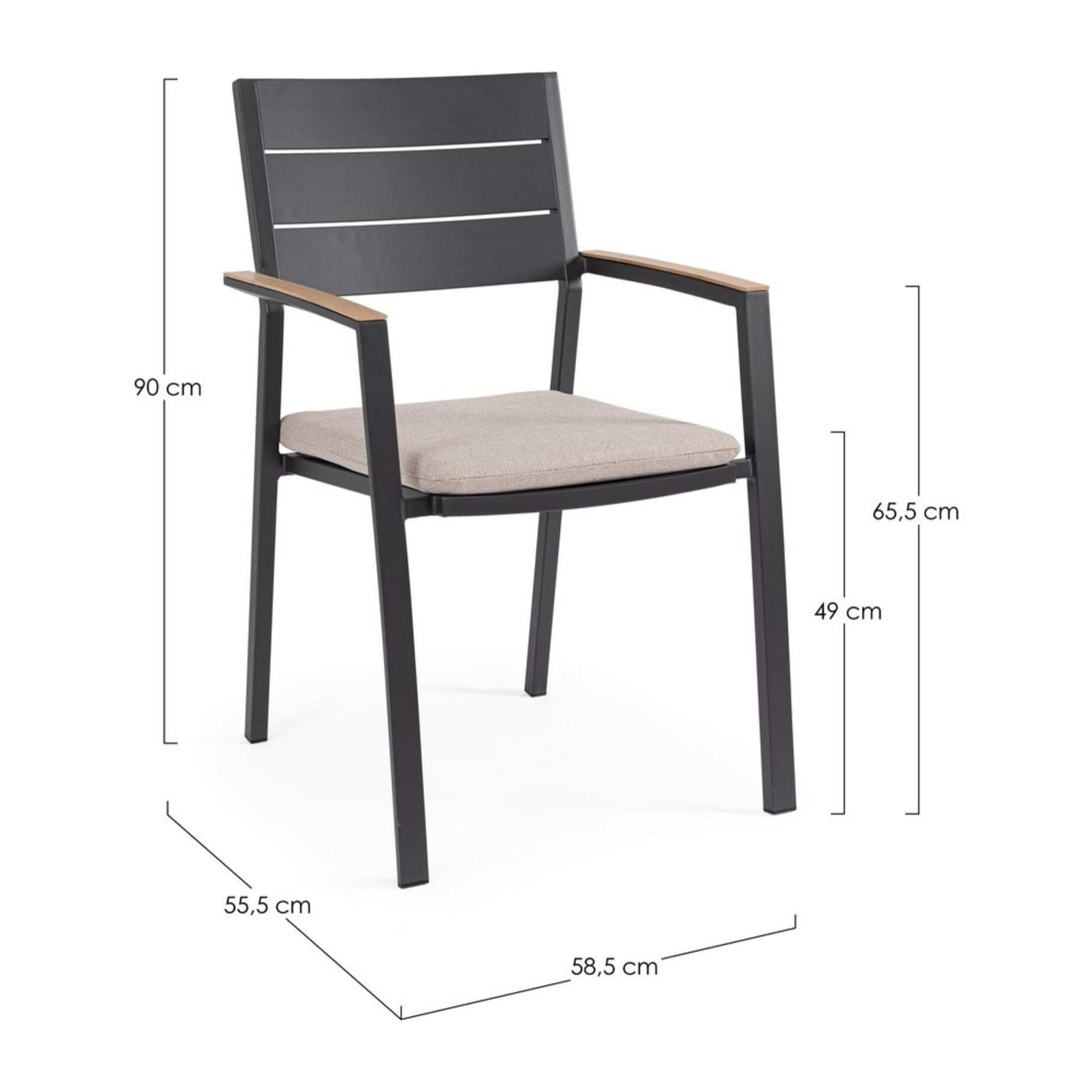 Set 4 sedie da giardino ZELMAR con cuscino tortora, braccioli effetto legno e struttura in alluminio antracite