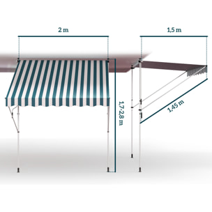Toldo Manual Retráctil 2x1,5 m Toldo Exterior Terraza Enrollable Altura Ajustable con Manivela 170-280 cm Sin Taladro para Balcón Jardín Verde y Blanco