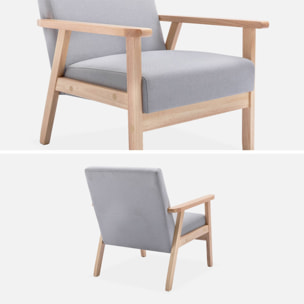 Fauteuil scandinave en bois et tissu gris clair. Isak. L 64 x P 69.5 x H 73cm