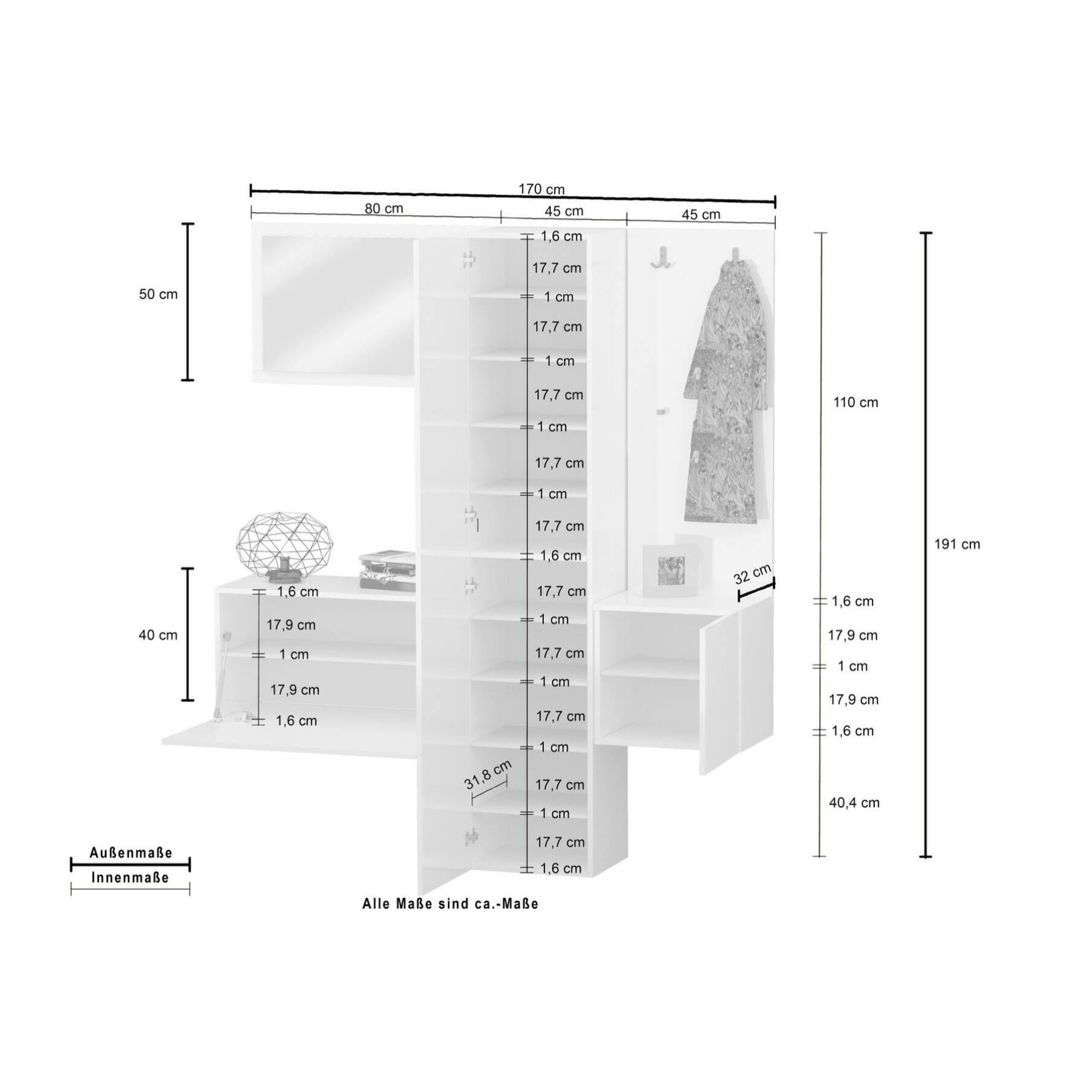 Mobile da ingresso Dcrescenz, Armadietto multifunzione a 3 ante, Appendiabiti da parete con specchio, 170x35h190 cm, Bianco