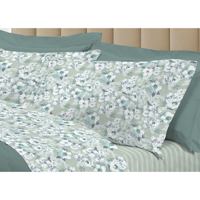 Completo Lenzuola Linea 3027 In Percalle Fantasia Floreale Disegno Indie Verde
