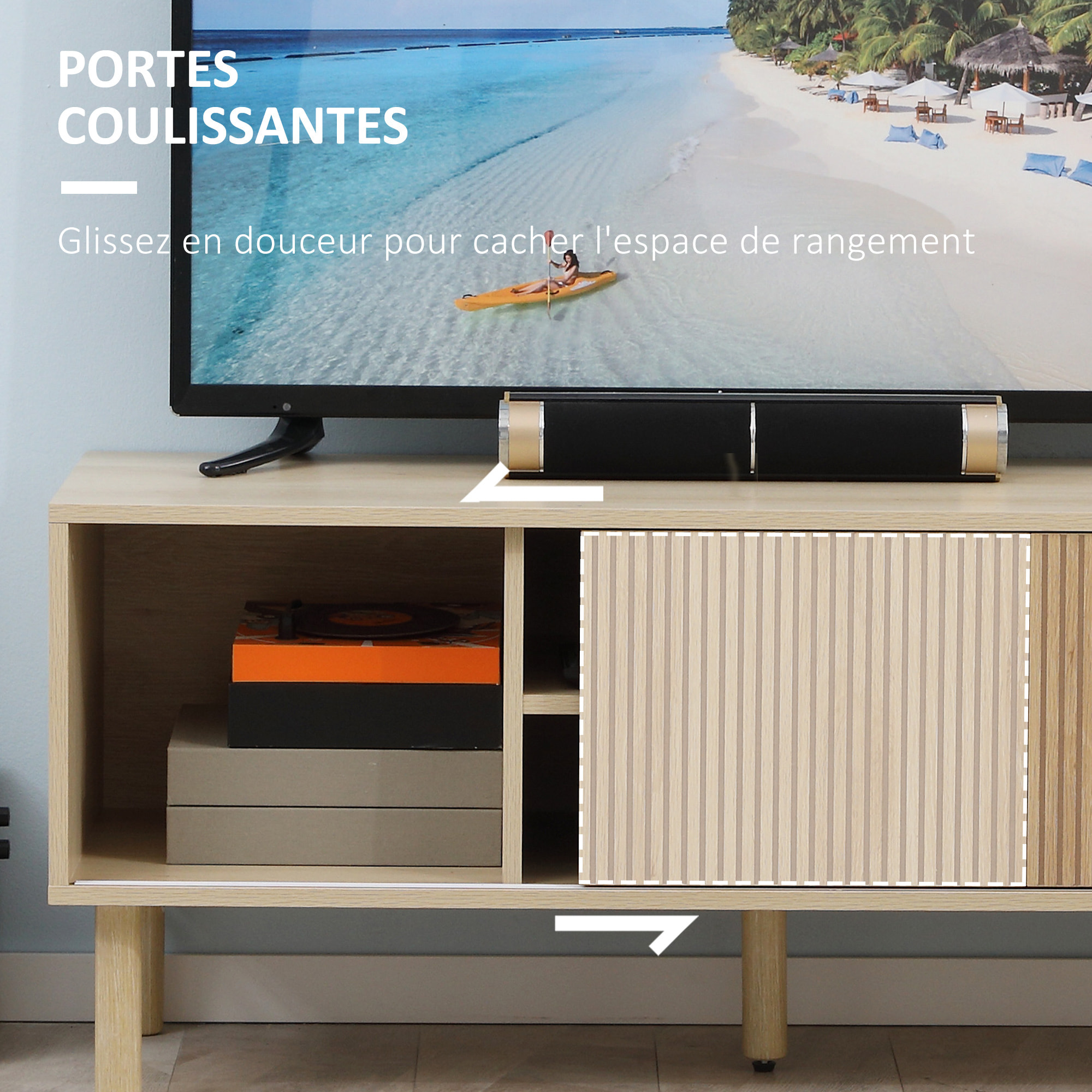 Meuble TV banc TV design Urban Craft - 2 portes coulissantes, 2 niches - piètement cylindrique - panneaux particules aspect bois clair