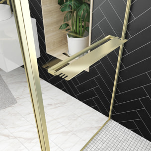 Paroi de Douche avec Volet Pivotant 90+40x200 cm - Porte-serviette + Etagère Finition Or Doré Brossé