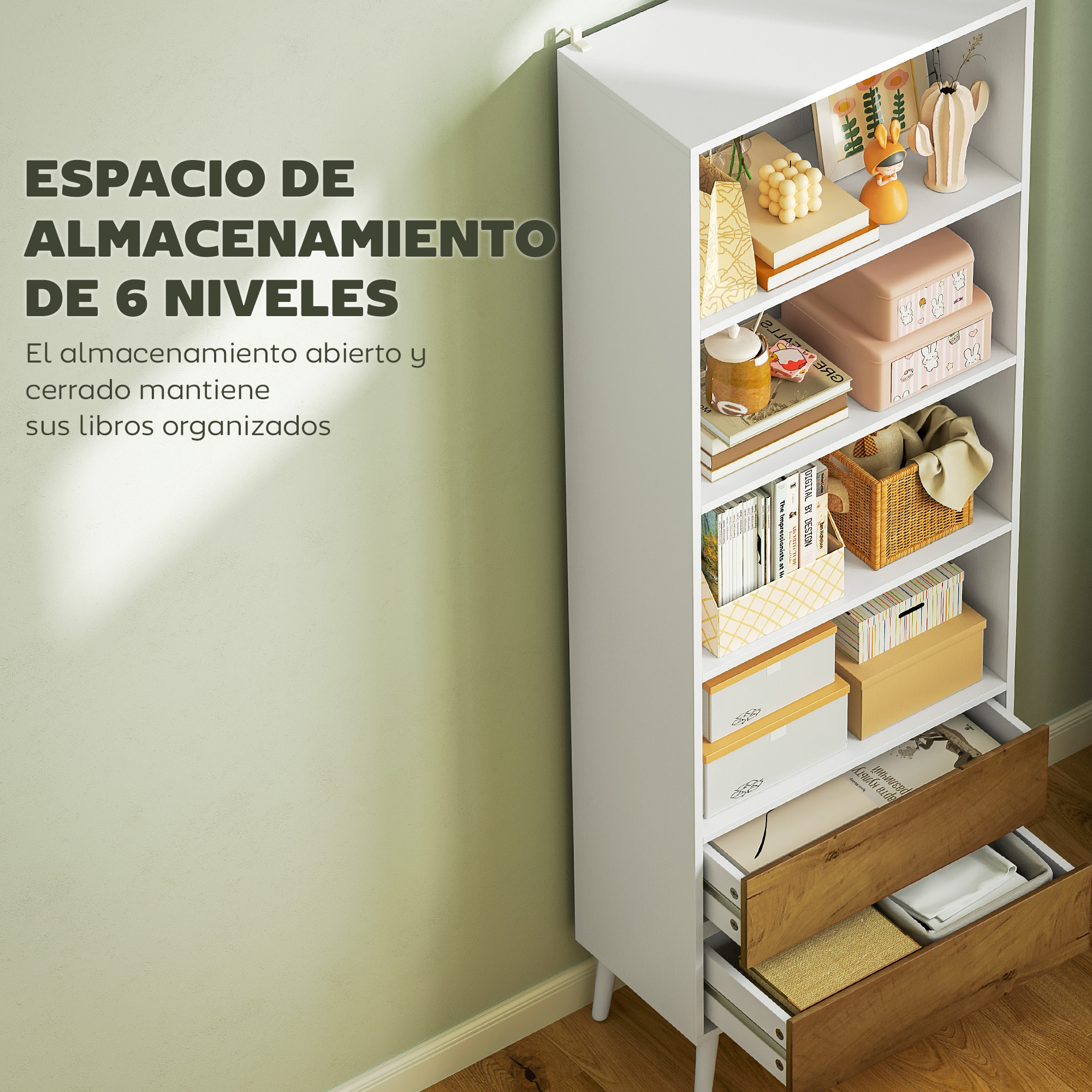 Librería de 6 Niveles Estantería de Libros Organizador con 2 Cajones y 4 Estantes Abiertos para Sala de Estar Oficina Dormitorio Blanco