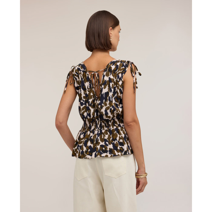 Motivi - Blusa in viscosa con stampa e drappeggio - Marrone