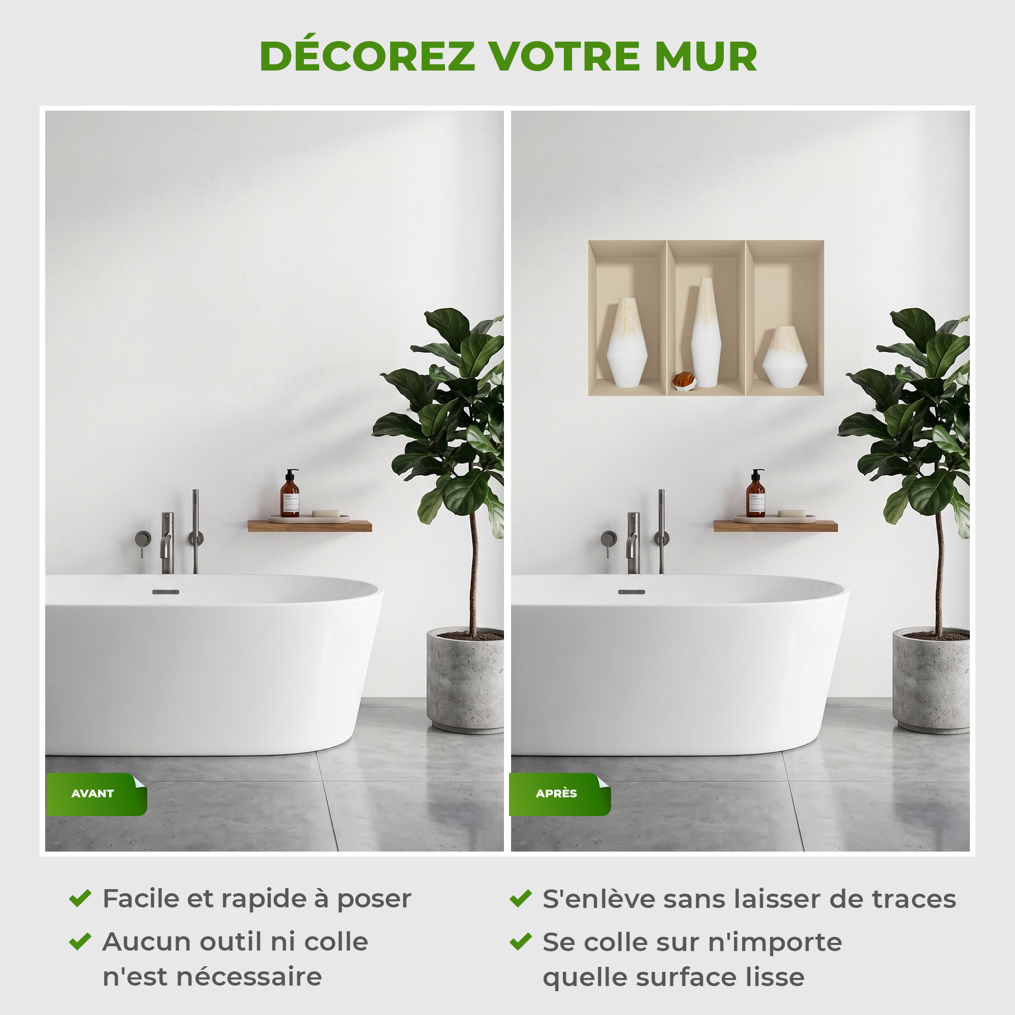 Stickers muraux 3D | Sticker Mural Autocollant effet 3D Vases en bois blanc - Stickers adhésifs 3D Chambre Salon Trompe l'oeil