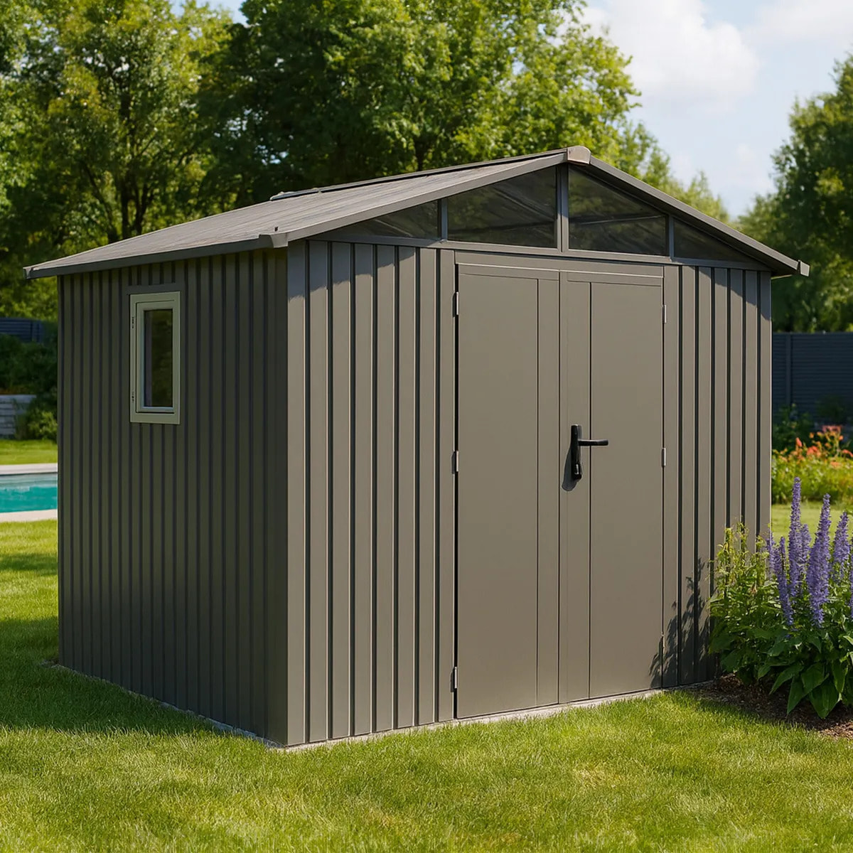 Abri de jardin métal gris taupe 5.71 m² + kit d'ancrage