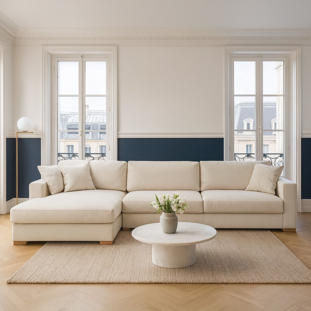 Canapé d'angle à gauche convertible 5 places en tissu chenille - ROBIN