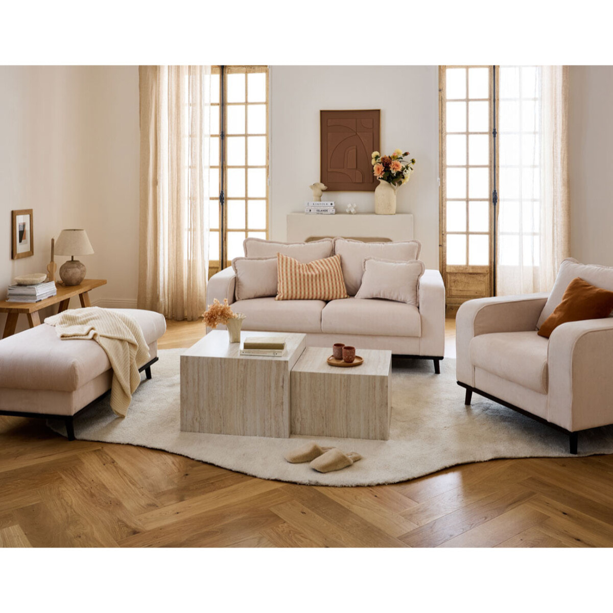 Pueblo - lot de 2 tables basses - effet travertin - 58 et 50 cm - Beige
