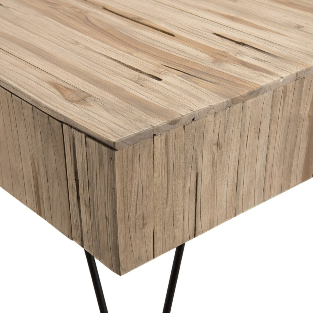 CLARA - Table basse rectangulaire 2 tiroirs branches bois Teck naturel - pieds épingles scandi métal