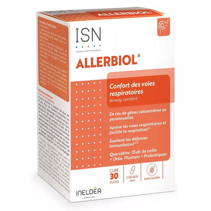 INELDEA SANTE NATURELLE - Allerbiol - Complément alimentaire - Aide à préserver le confort respiratoire et à faciliter la respiration en cas de gênes saisonnières ou perannuelles - Cure 30 jours