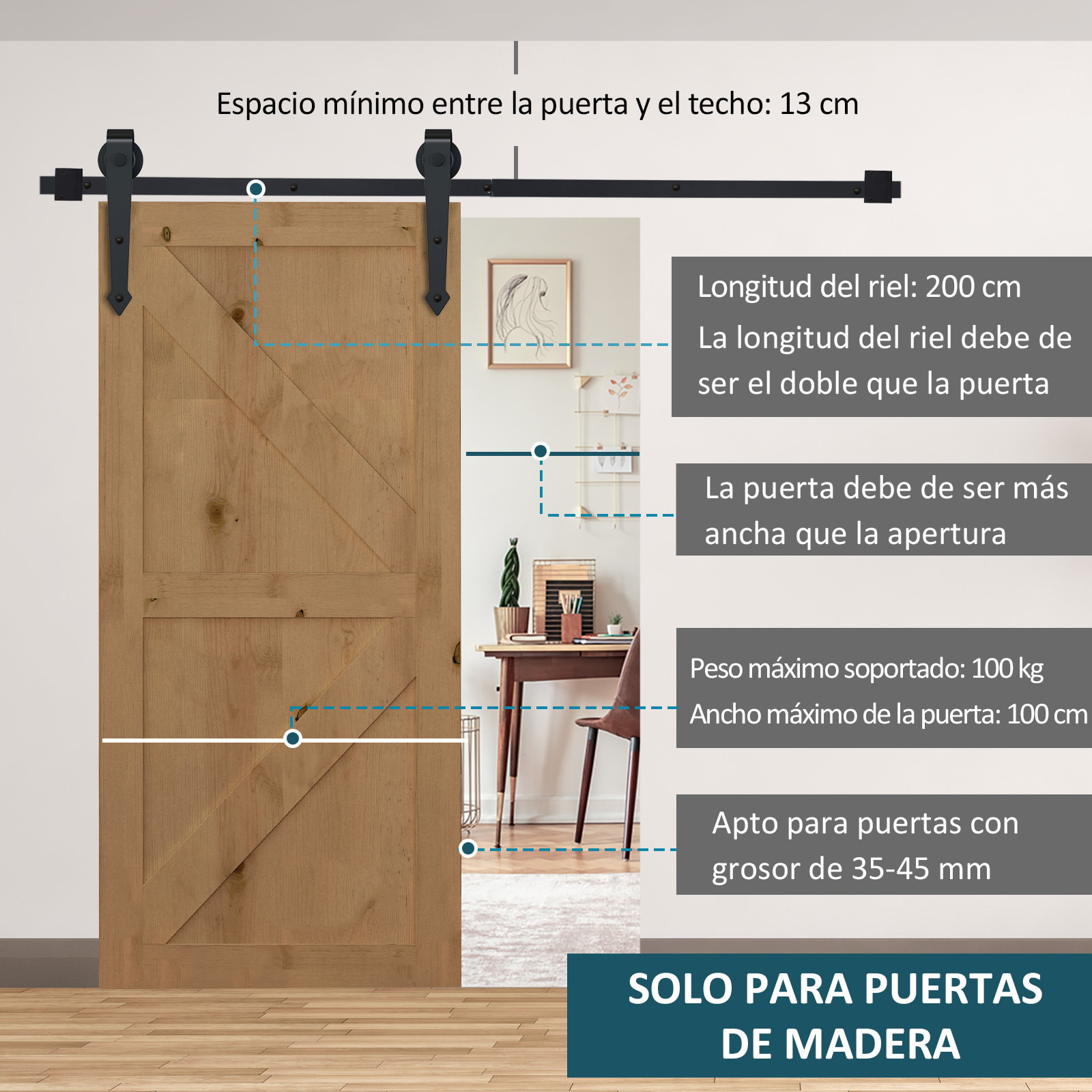 HOMCOM 200cm/6.6FT Herraje para Puerta Corredera Tipo Flecha Kit de Accesorios para Puerta Corrediza Granero de Madera con Guía de Suelo Riel Acero al Carbono Negro