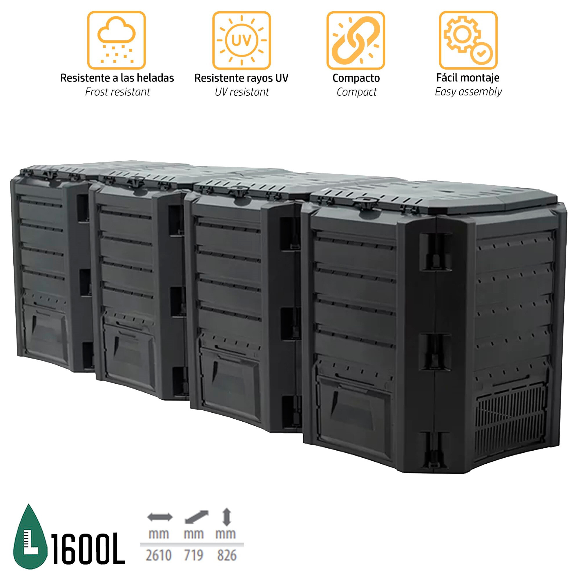 Planta de compostaje module compogreen 1600l., dimensiones (mm) 2610x719x826, color negro