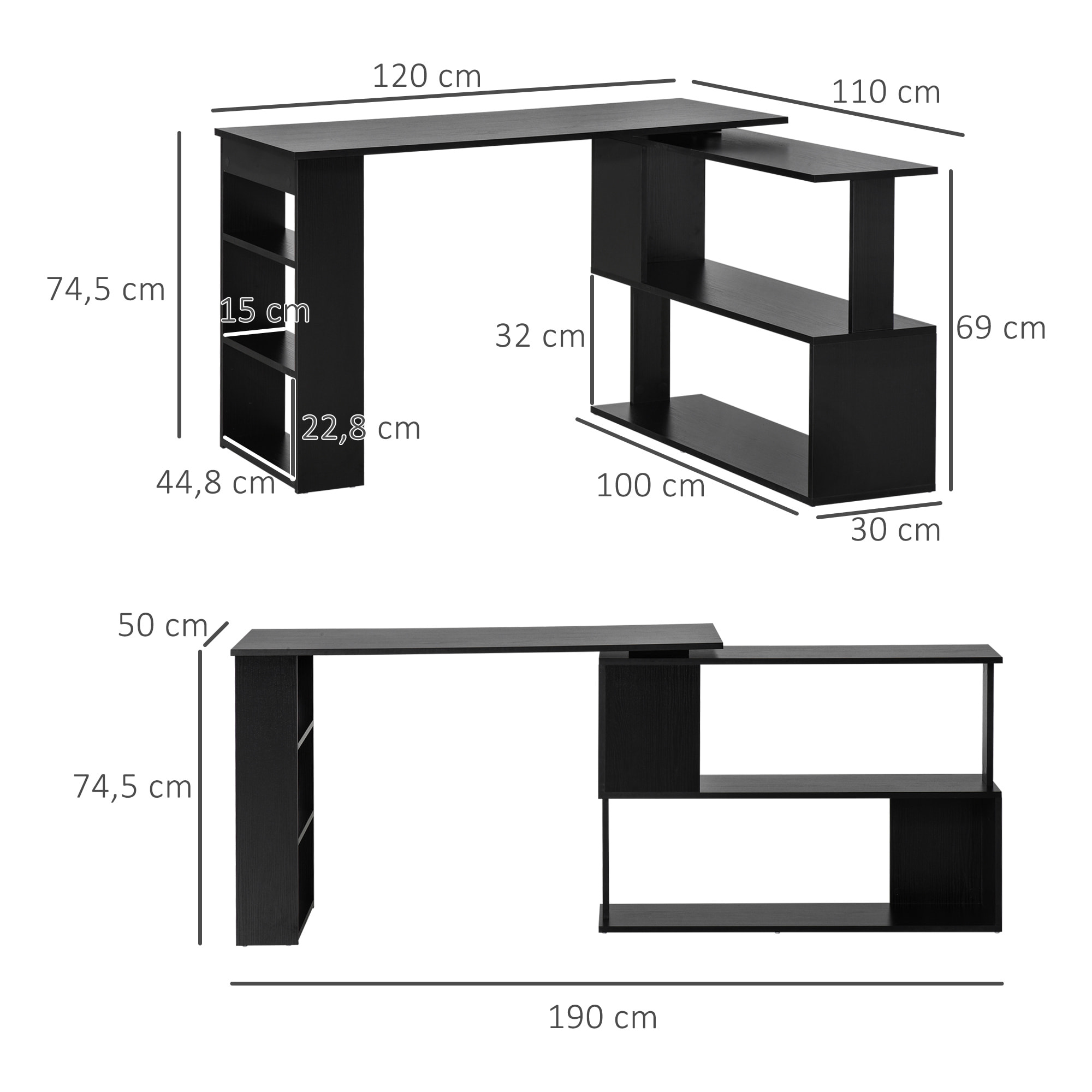 Escritorio Esquinero Giratorio, 120x110 cm, Escritorio en L, Mesa de Escritorio con Estantes, para Oficina en Casa, Estudio, Hogar, Negro