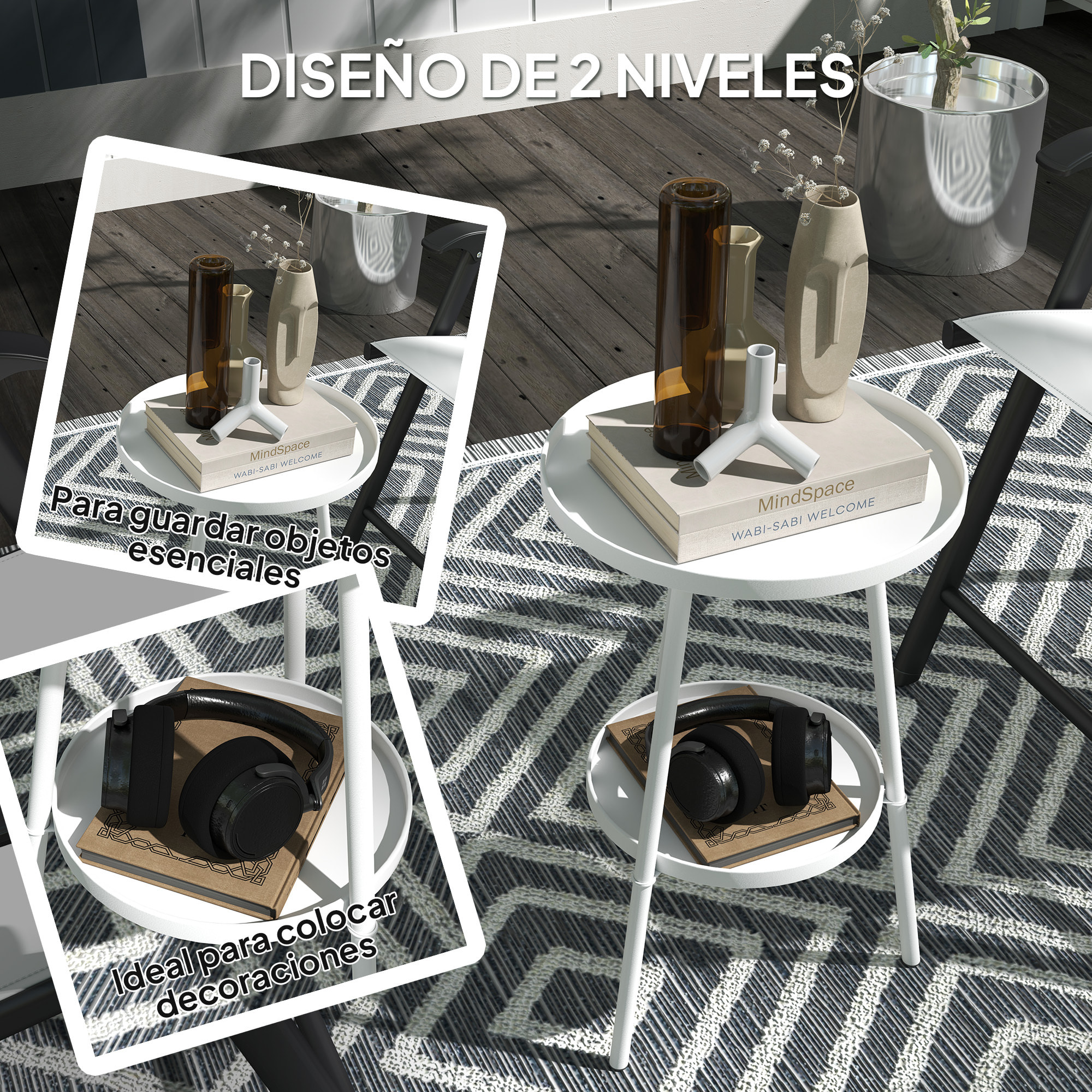 Mesa de Jardín Redonda de 2 Niveles Mesa de Terraza Exterior Ø32x51 cm con Bandeja Inferior y Estructura de Metal para Exterior e Interior Blanco