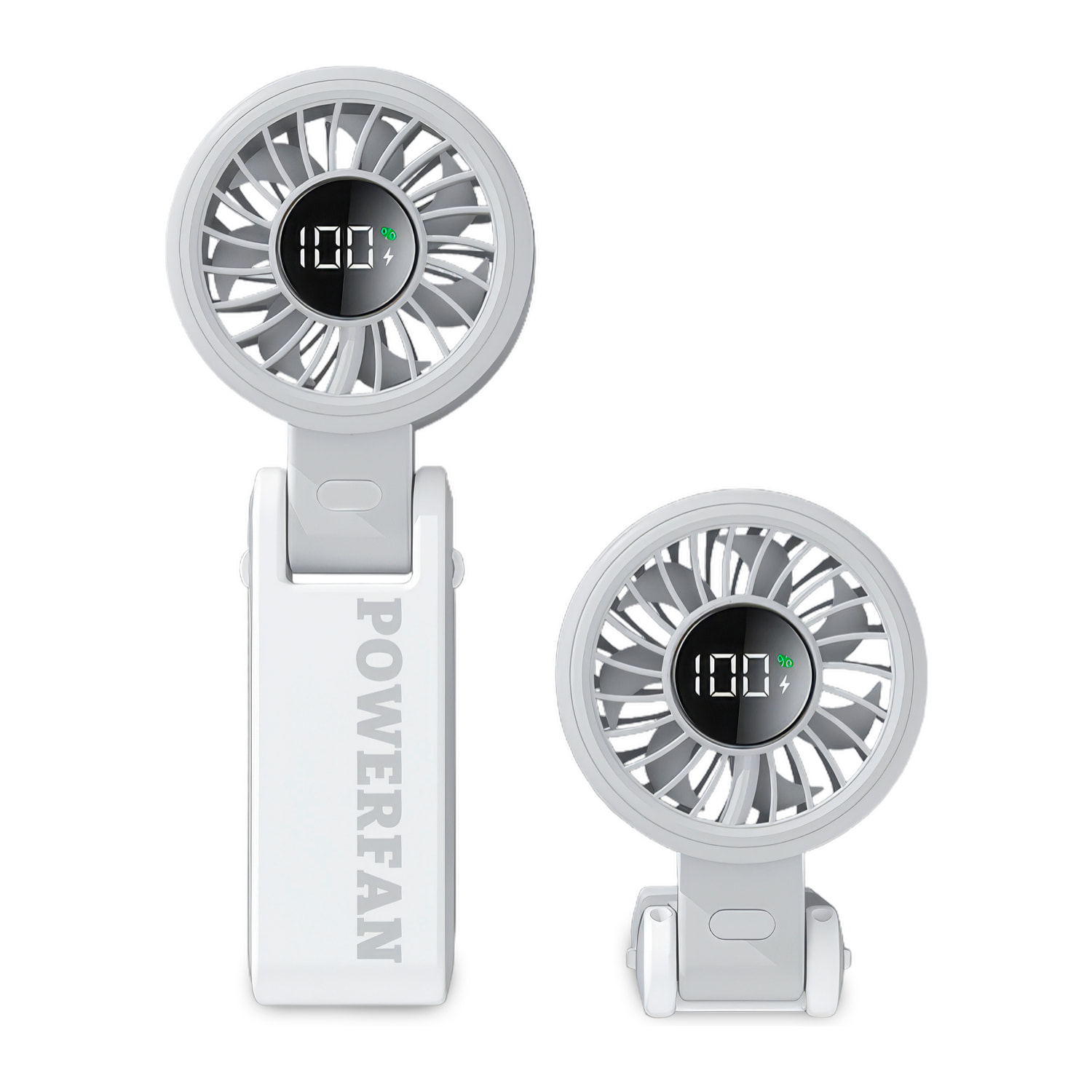 Ventilatore portatile S1062 con 199 velocità di regolazione continua, schermo LCD e visualizzazione in tempo reale del livello della batteria. Include un lanyard per appenderlo.