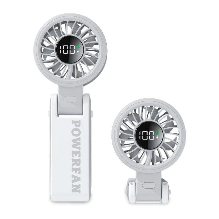 Ventilatore portatile S1062 con 199 velocità di regolazione continua, schermo LCD e visualizzazione in tempo reale del livello della batteria. Include un lanyard per appenderlo.