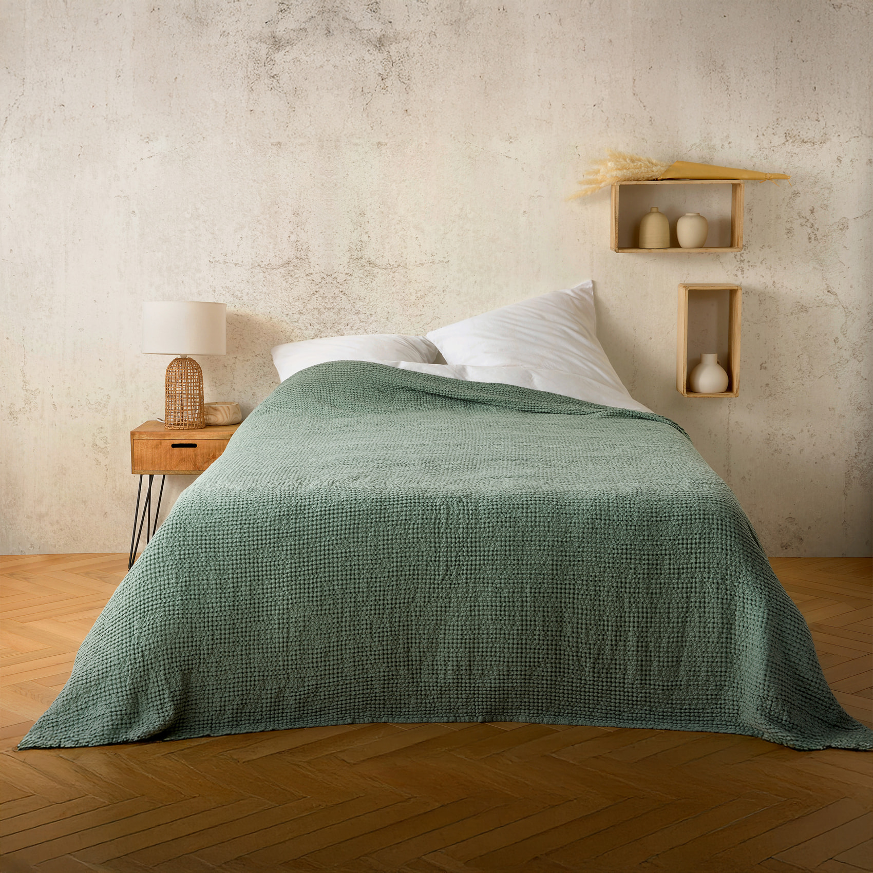 Plaid ou couvre lit 100%  coton nid d’abeille - Vert