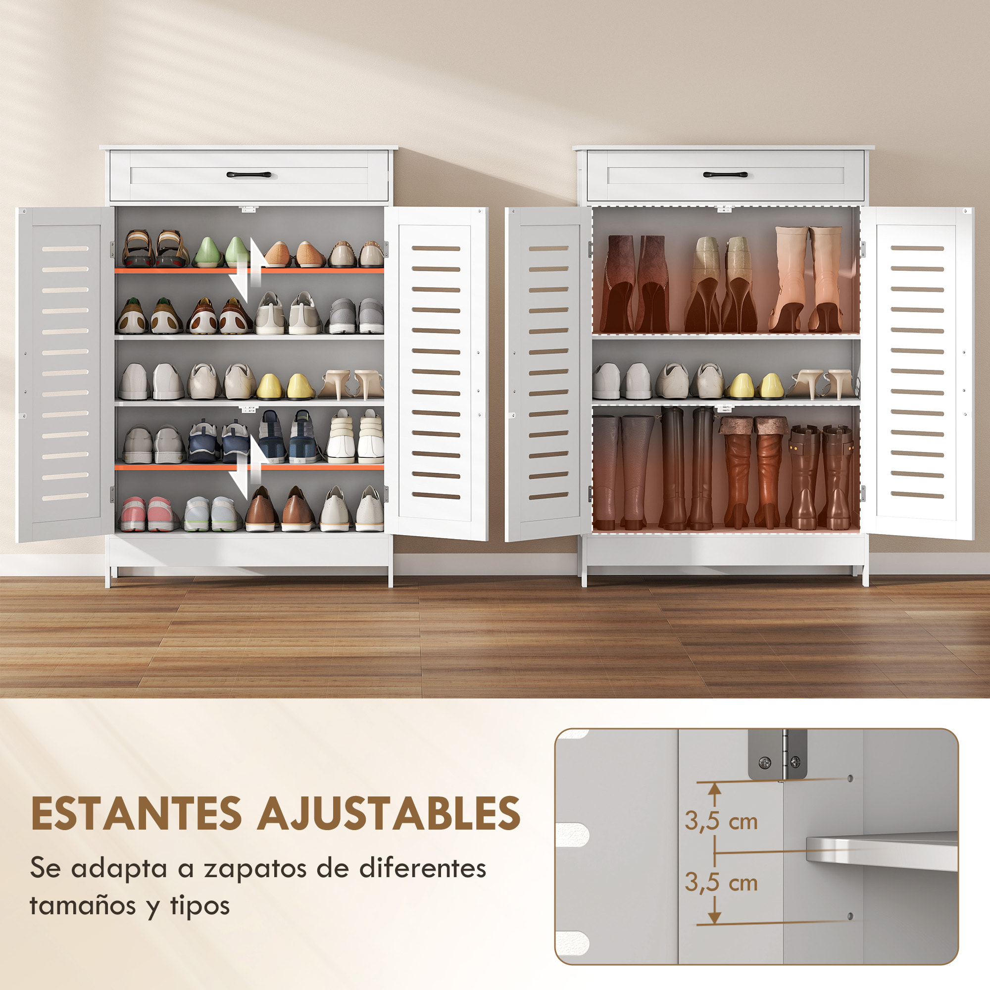 Mueble Zapatero, Armario para Zapatos con Cajón, Puertas de Rejilla, Estantes Ajustables, para 20 Pares de Zapatos, Zapatero para Pasillo Recibidor, 78x37x115,8 cm, Blanco