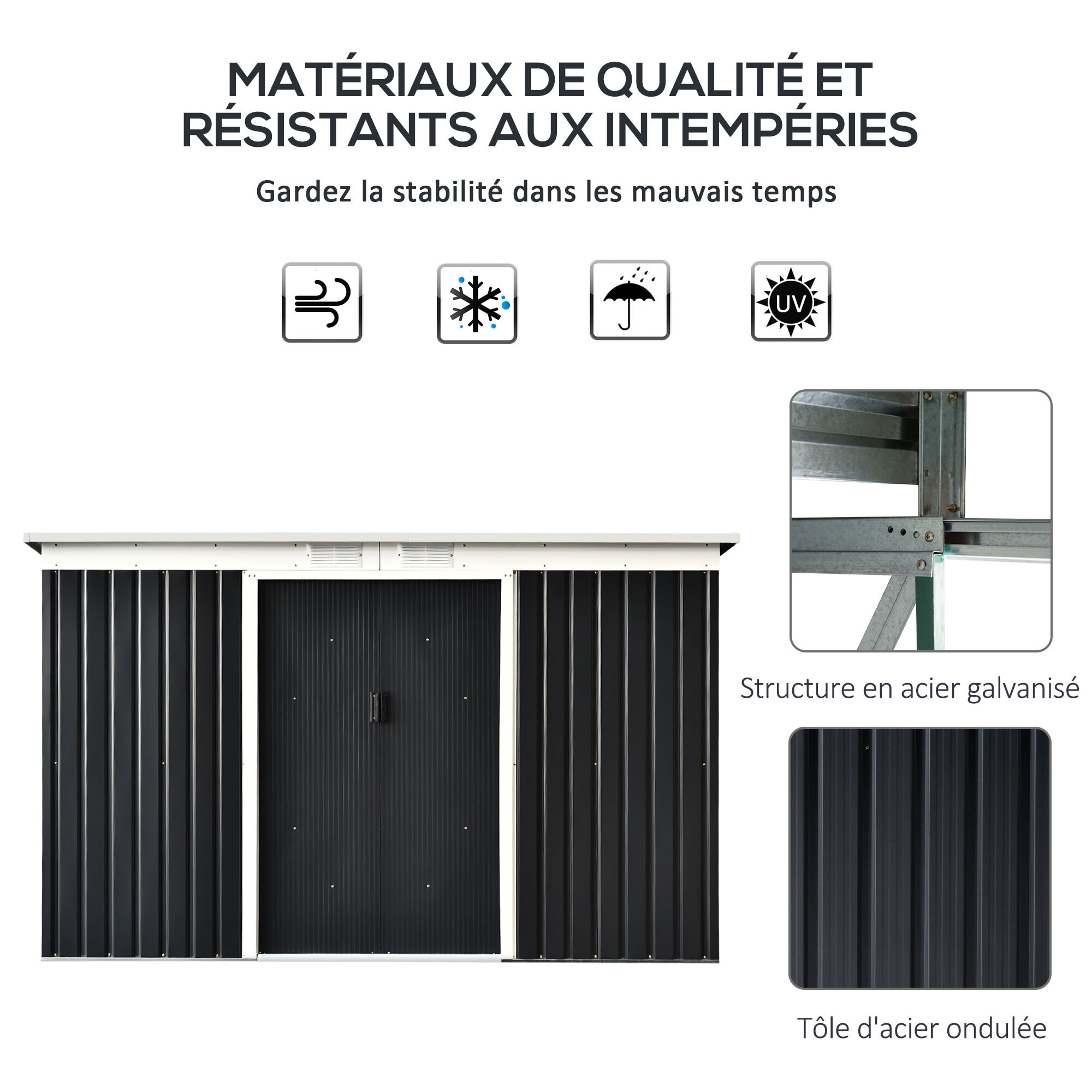 Abri de jardin - remise pour outils - cabanon portes verrouillables - dim. 2,8L x 1,3l x 1,72H m - tôle d'acier gris noir