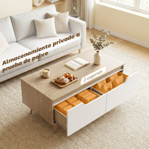 Mesa de Centro, Mesa baja para Salón Moderno con 2 Cajones, Patas de Madera de Pino, para Sala de Estar, Dormitorio, 100x50x46cm, Roble