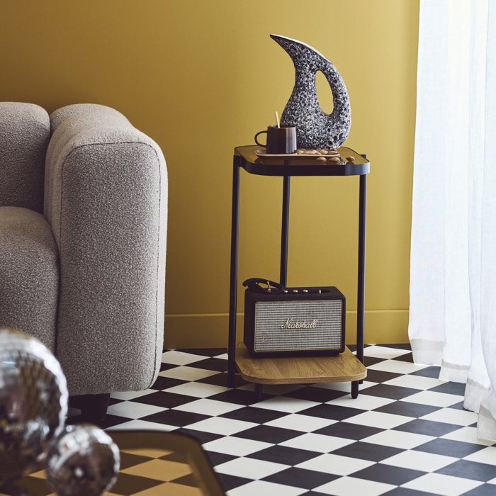 Bout de canapé vintage double plateau verre, décor bois et métal SMOOKY