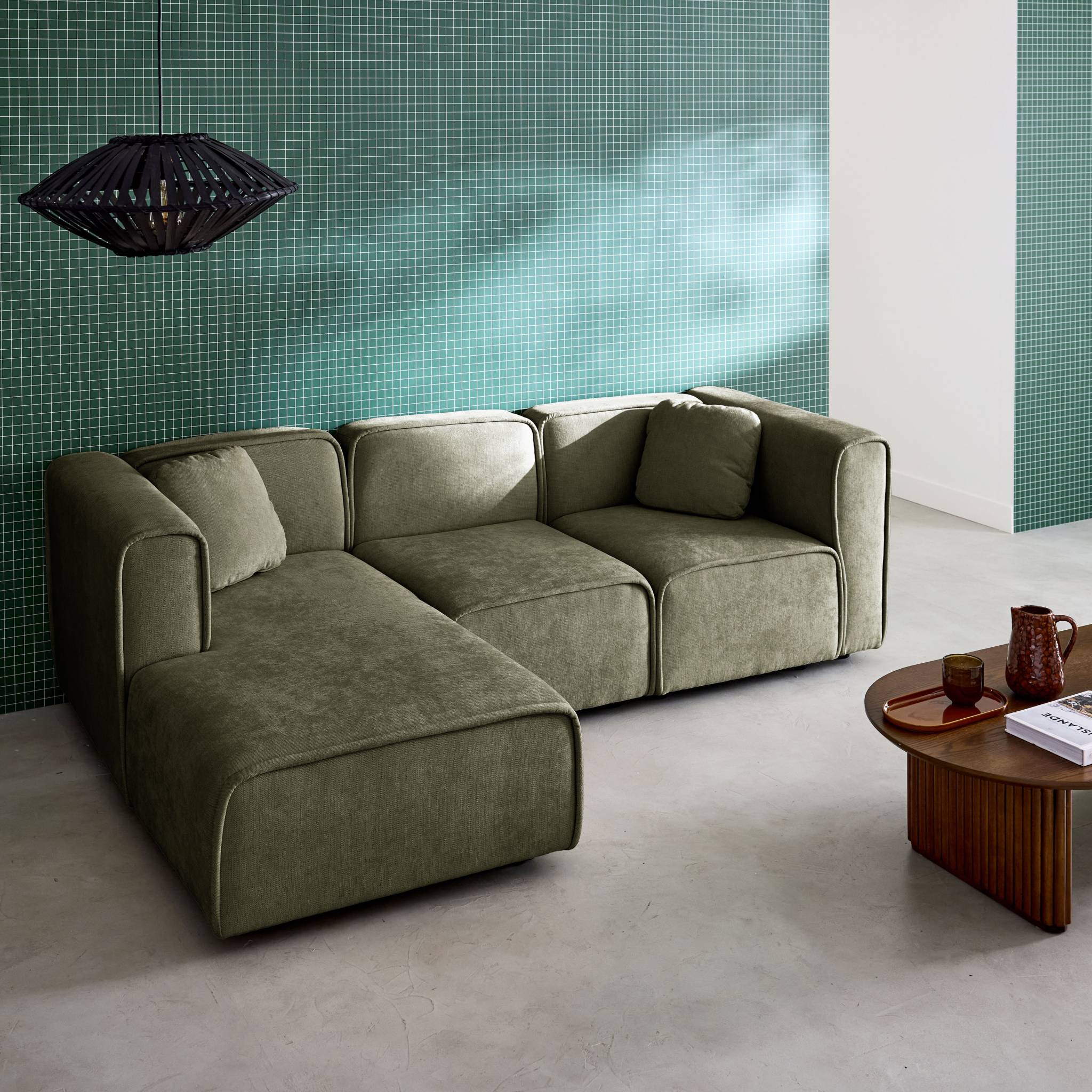 Canapé d'angle gauche 3 places tissu kaki 2 coussins carrés L 230 x P 145 x H 70 cm - Lester