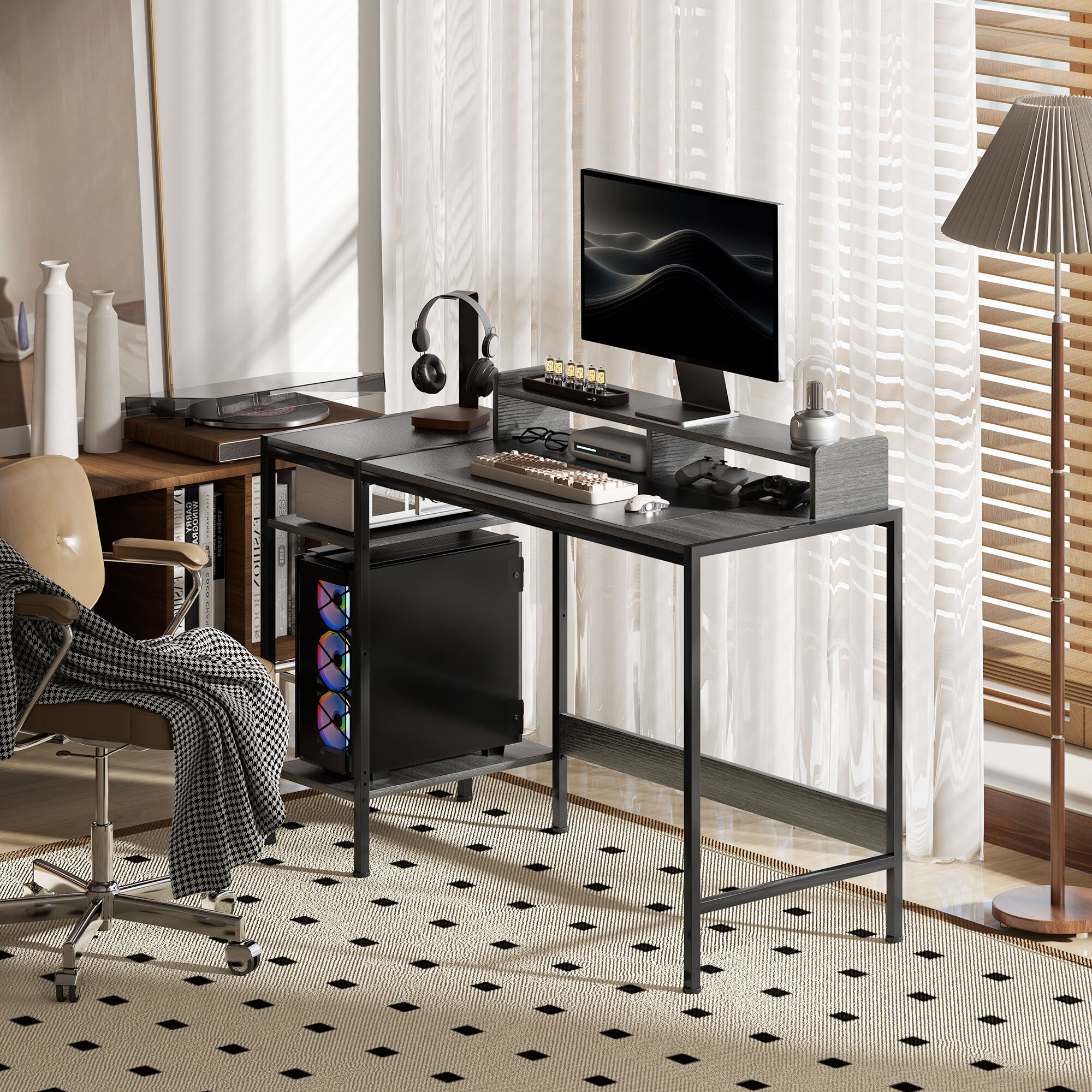 Escritorio Moderno Mesa de Escritorio con Estantes Laterales Soporte para Monitor Ajustable y Estructura Móvil Mesa de Ordenador para Oficina Estudio 120x48x85,5 cm Gris Carbón