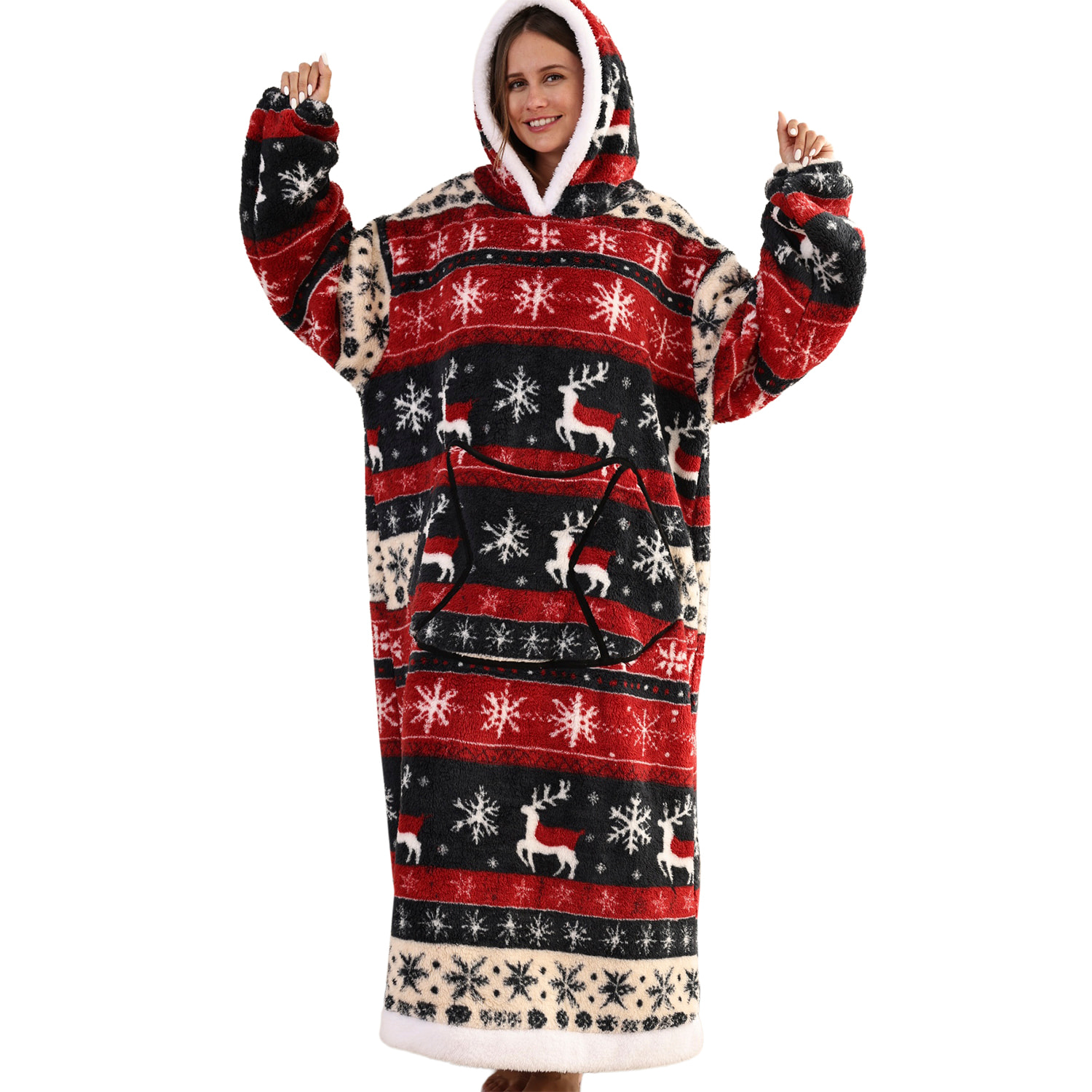 Robe in stile felpa e coperta in pile extra morbido. Tripla tasca frontale a kangaroo. Design lungo di renna natalizia.