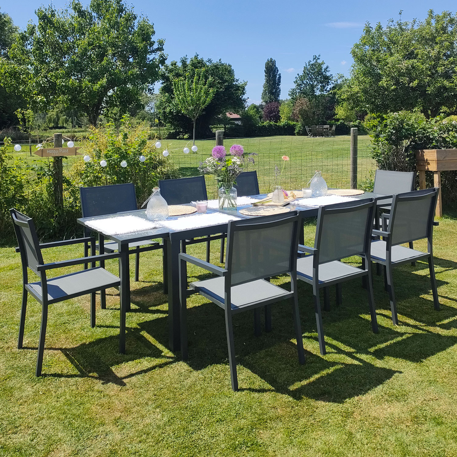 Salon de jardin FIRENZE extensible en textilène gris 8 places - aluminium anthracite